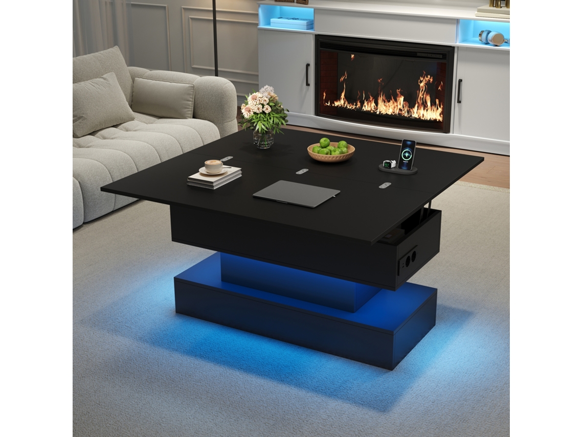 Mesa Centro Elevatória 100x50x51,5 Cm Usb-c Usb Led E Arrumação Preta