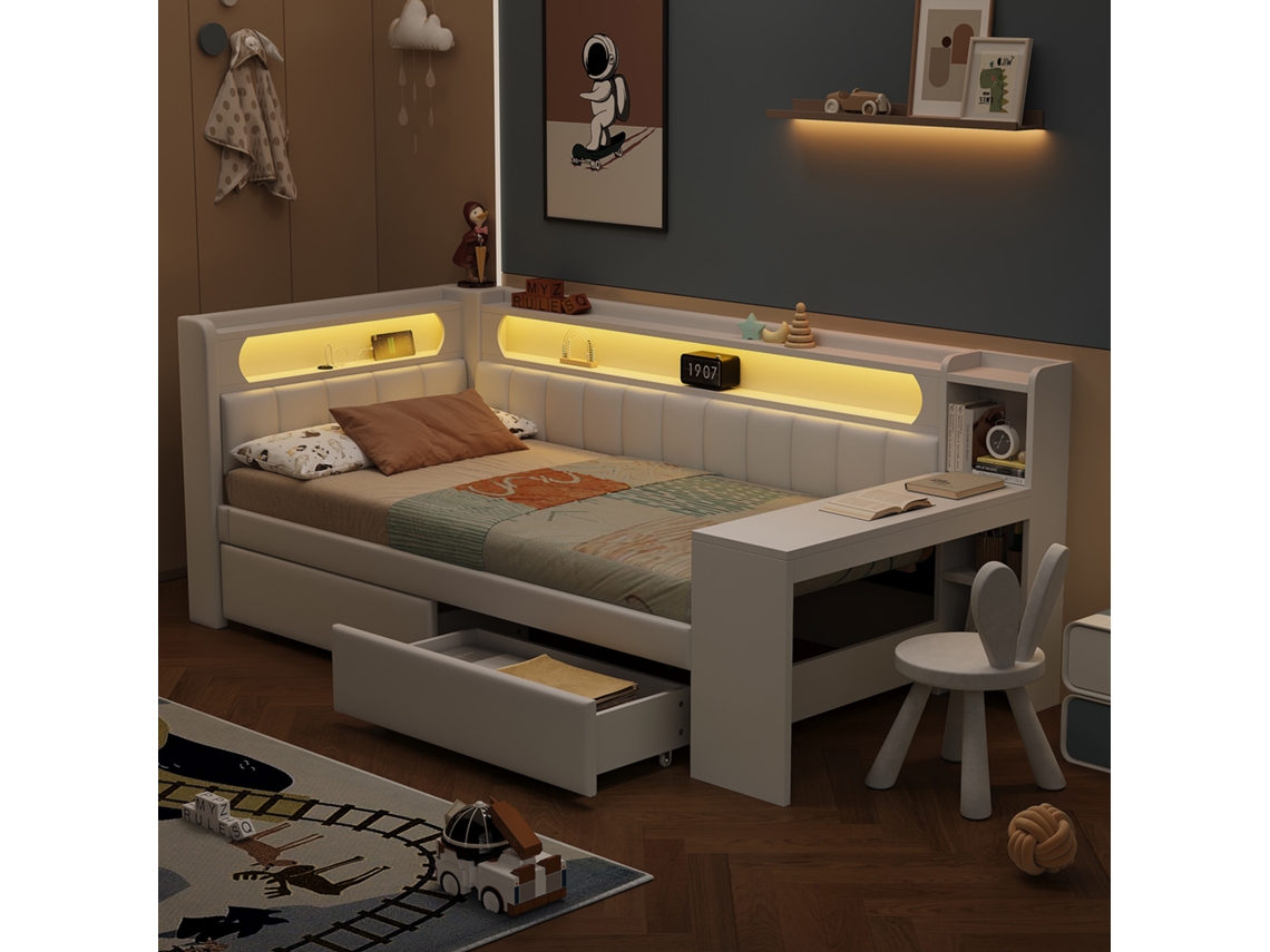 Cama Daybed 90x200 Branca Com Usb Led Escrivaninha 2 Gavetas