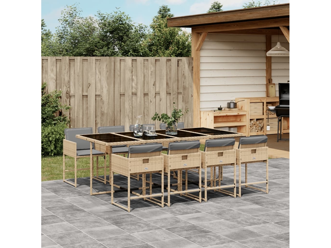 Vidaxl 9 Pcs Conj. Jantar Jardim C/ Almofadões Vime Pe Bege Misturado