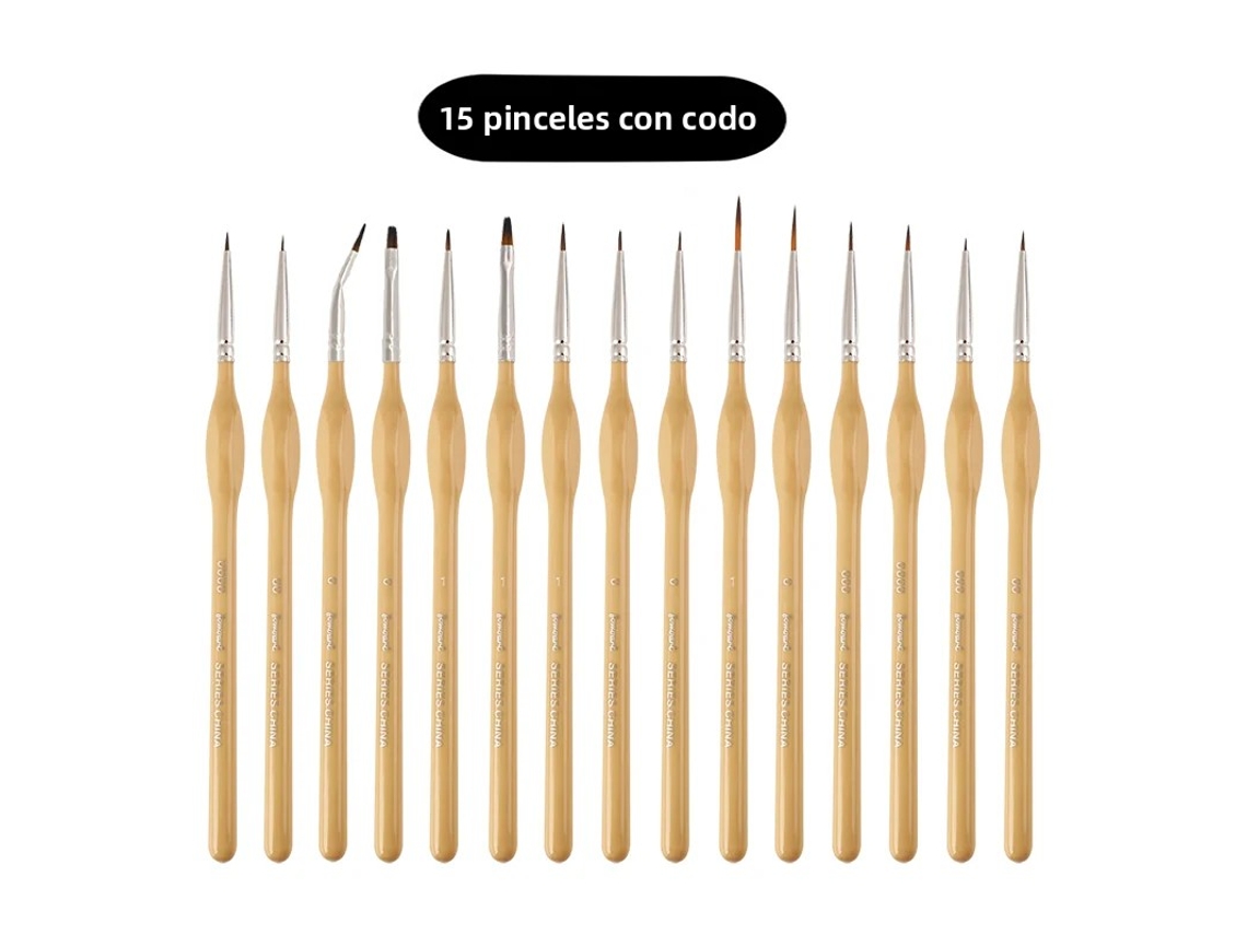 (cor De Madeira) Conjunto De 15 Mini Pincéis Com Pontas De Nylon E Diversos Formatos De Penas.