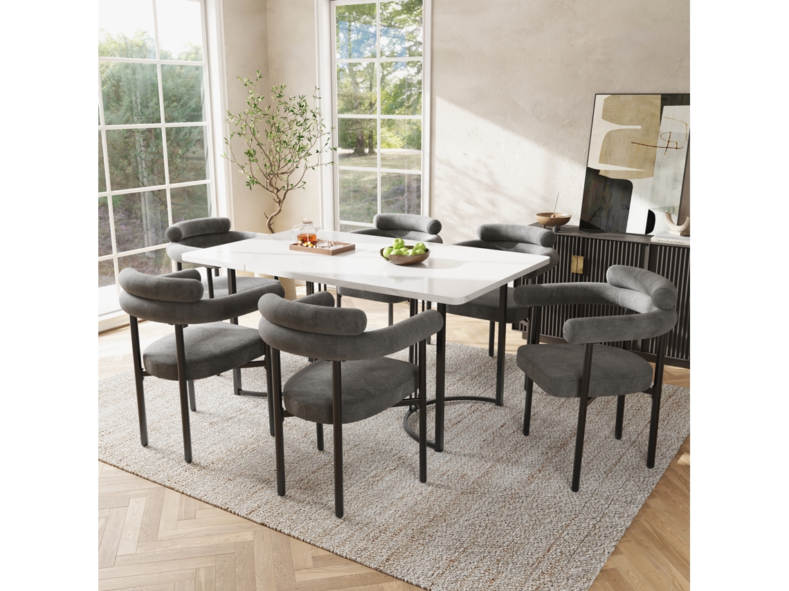 Conjunto Jantar 7p, Mesa Metal + 6 Poltronas Camurça Cinza. Cs