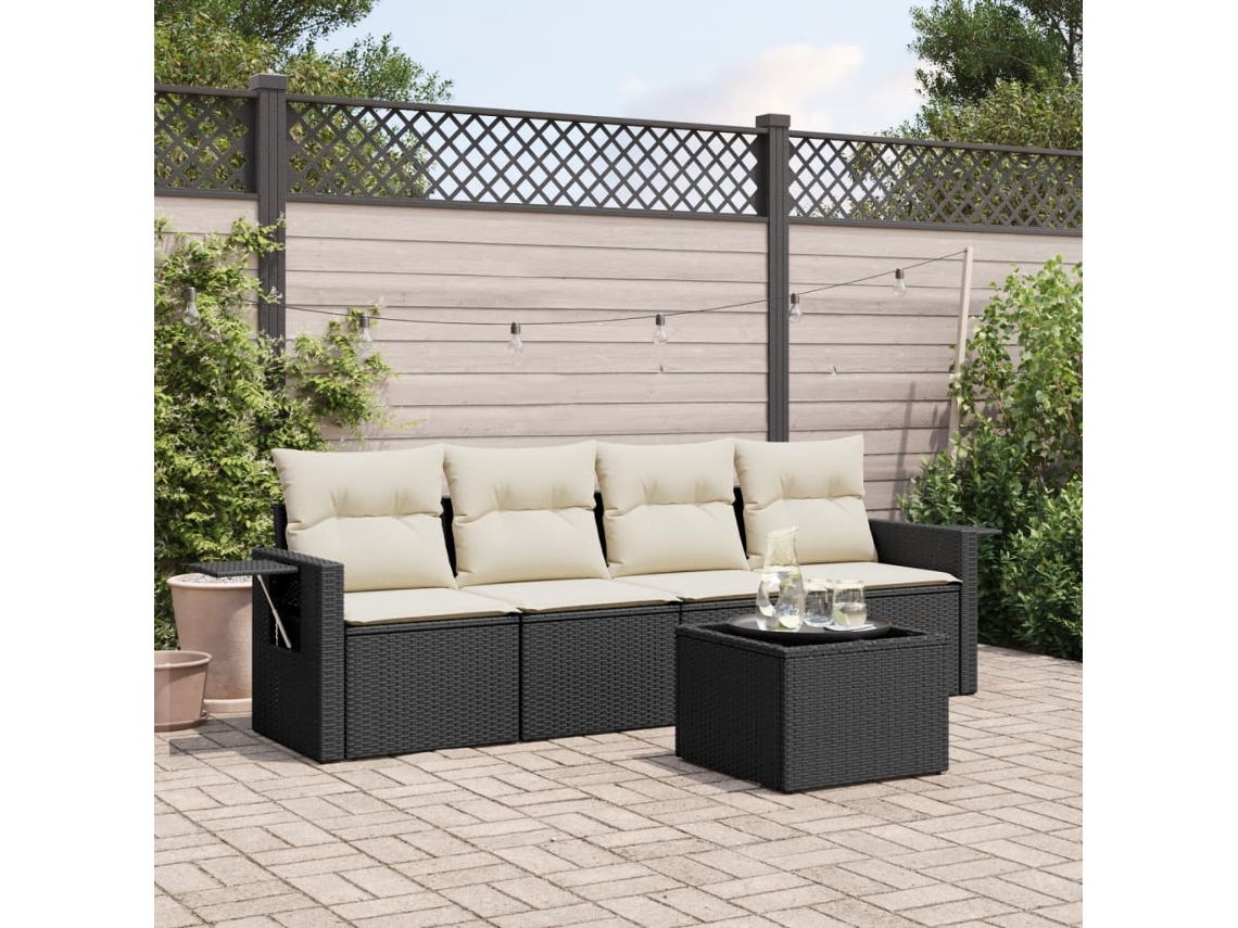 Vidaxl 5 Pcs Conjunto Sofás De Jardim Com Almofadões Vime Pe Preto