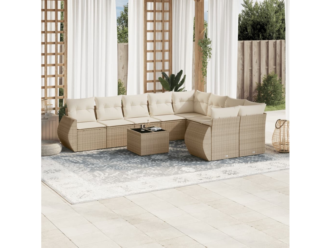 Vidaxl 10 Pcs Conjunto De Sofás P/ Jardim Com Almofadões Vime Pe Bege