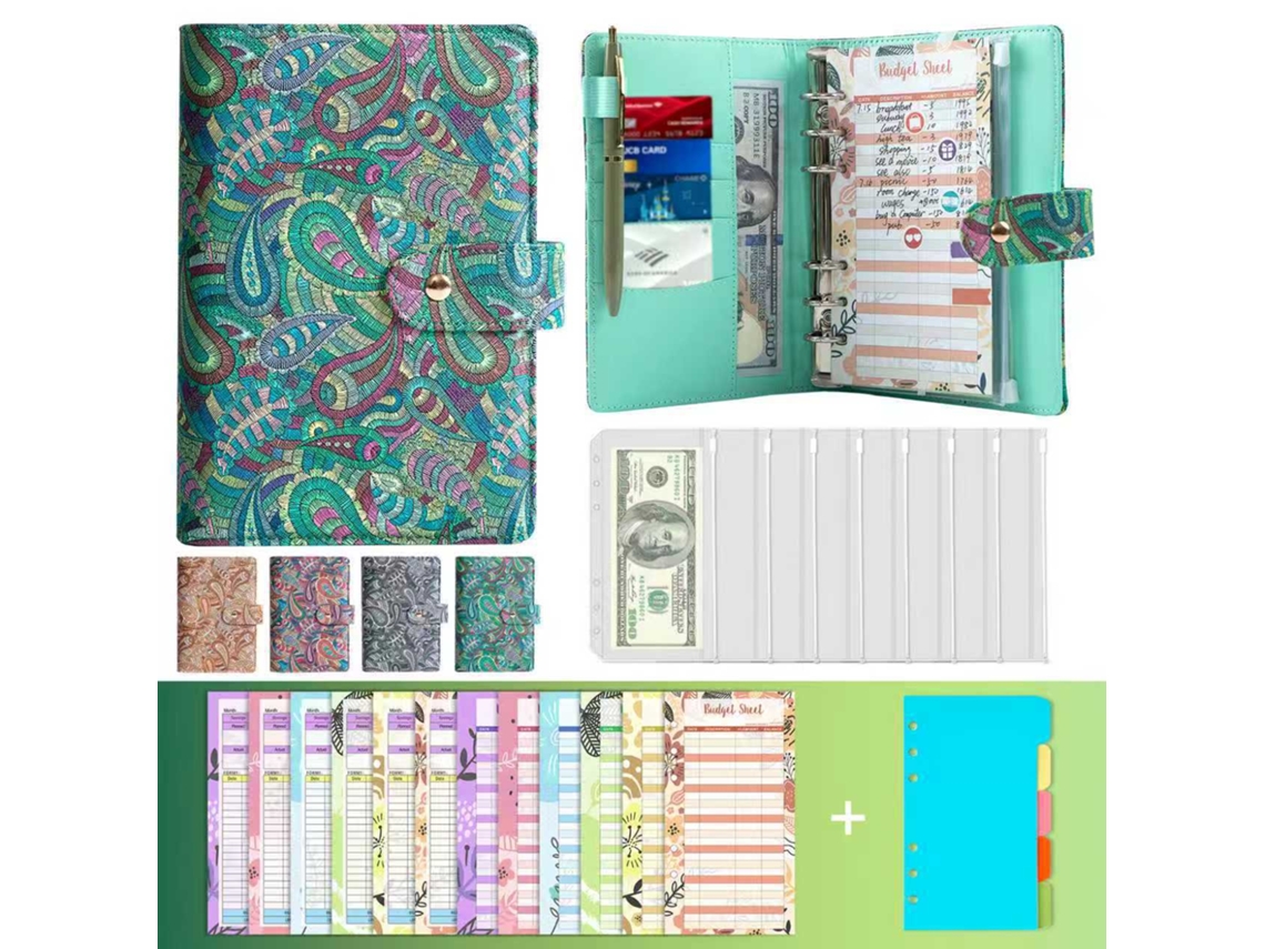 A6 Pu Leather Refillable Journal Cover With Receipt Pockets, Cash Budget Cards Dividers Exotic Paisley Green 6-ring