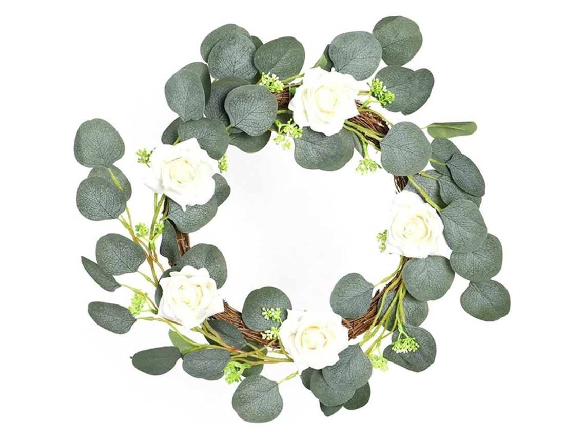 Guirnalda Artificial De Eucalipto Com Rosas Brancas De Plástico Para Porta Principal, Lar, Parede 40cm