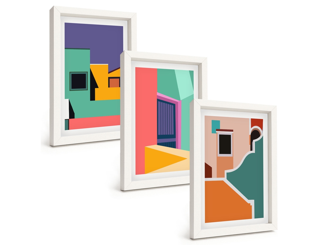 Galeria De Pinturas Na Parede Ilustrações De Cidades Coloridas Moldura Branca Quadros Para O Escritório Espelharte (3 Peças 20x30 Cm)