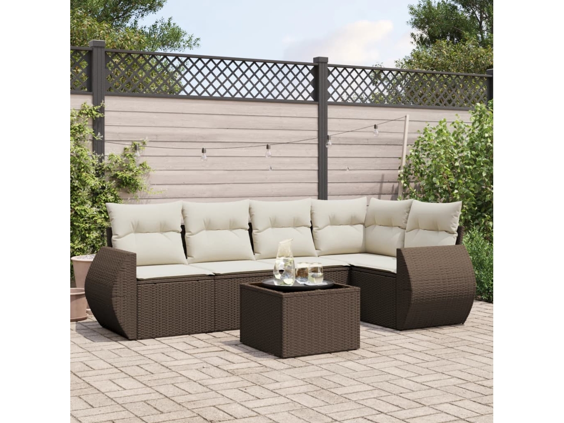 Vidaxl 6 Pcs Conjunto De Sofás Jardim C/ Almofadões Vime Pe Castanho