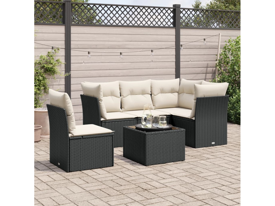 Vidaxl 6 Pcs Conjunto Sofás De Jardim C/ Almofadões Vime Pe Preto