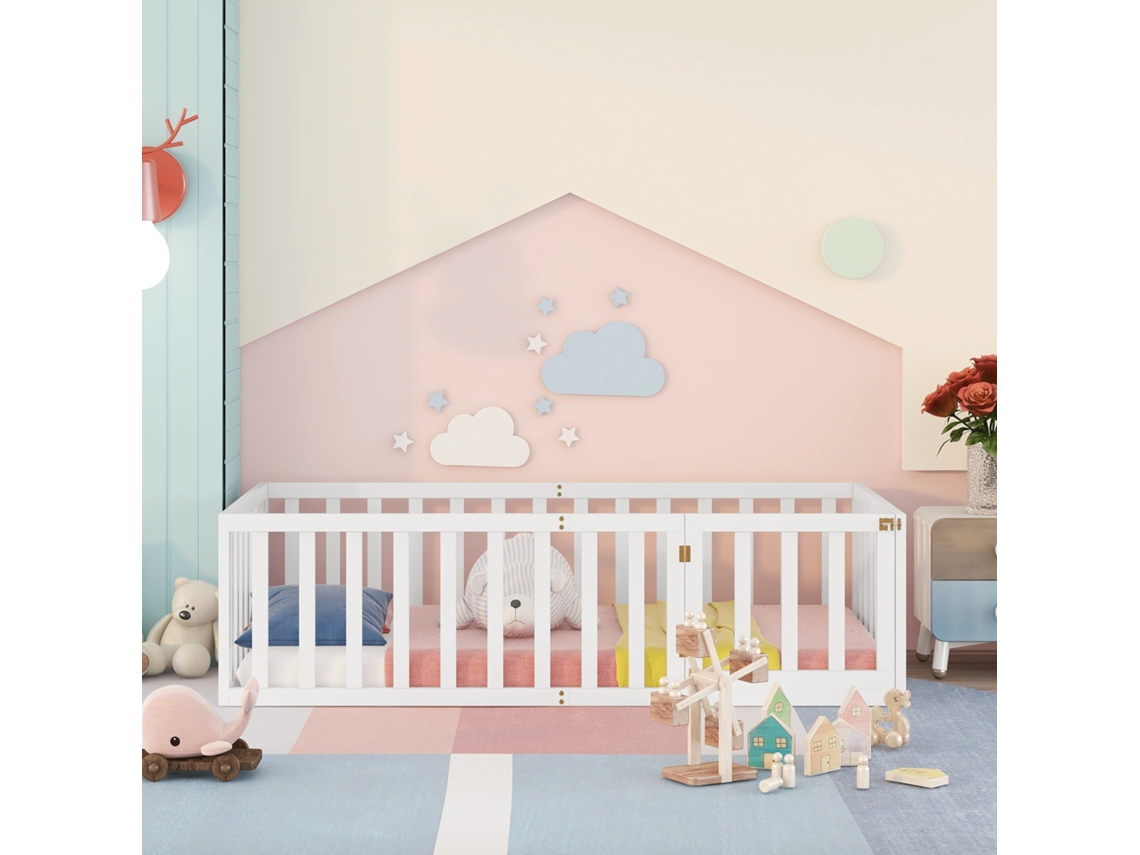 Cama Infantil 90x200 Cm Em Madeira Maciça Com Barreira De Segurança Branco Estilo