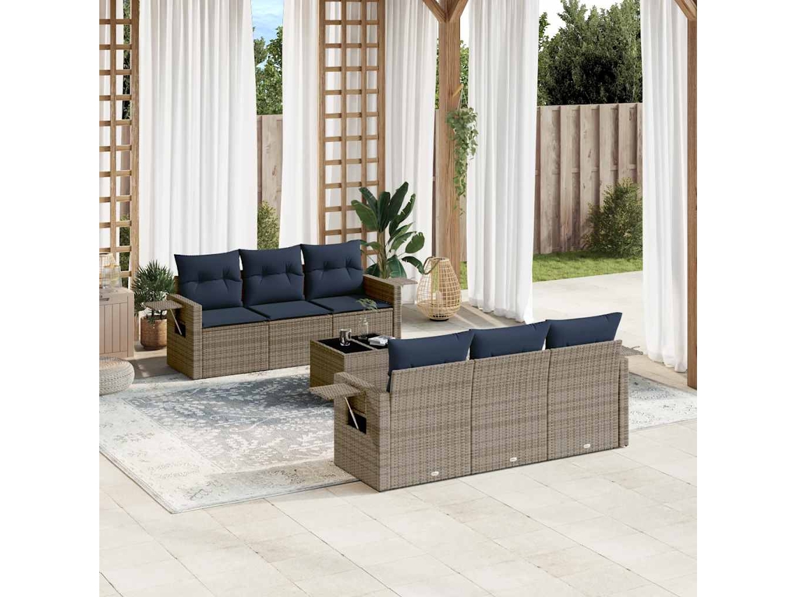 Vidaxl Conjunto De Sofá De Jardim Com 7 Peças E Almofadas Em Rattan Sintético Cinza