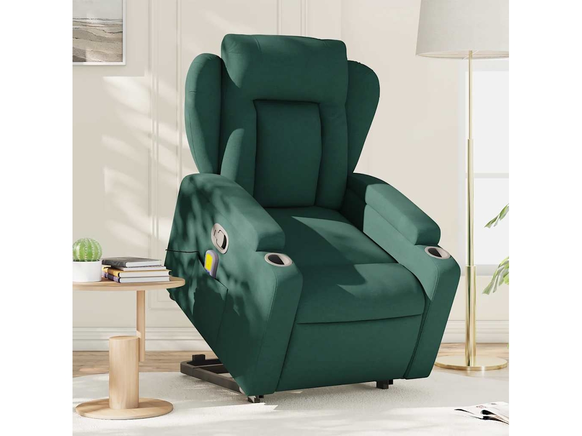 Vidaxl Poltrona Reclinável Elevatória De Massagens Tecido Verde-escuro