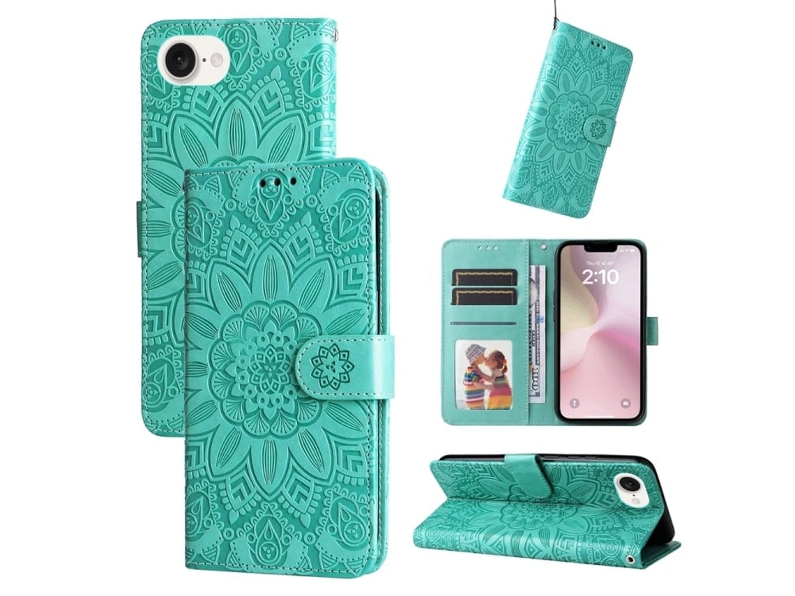 Capa De Couro Para Iphone 16e - Estampa De Girassol Em Relevo