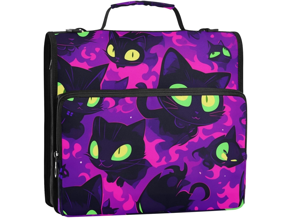 Bolsa Organizadora com 3 Argolas e Alça, Ideal para Escola Ou Escritório, Estampa de Gato Preto, 3,8 Cm