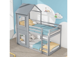 Beliche Infantil Estilo Cabana, 90x200 Cm, com Escada e Dossel, Madeira Maciça, Cinza. VSOGA