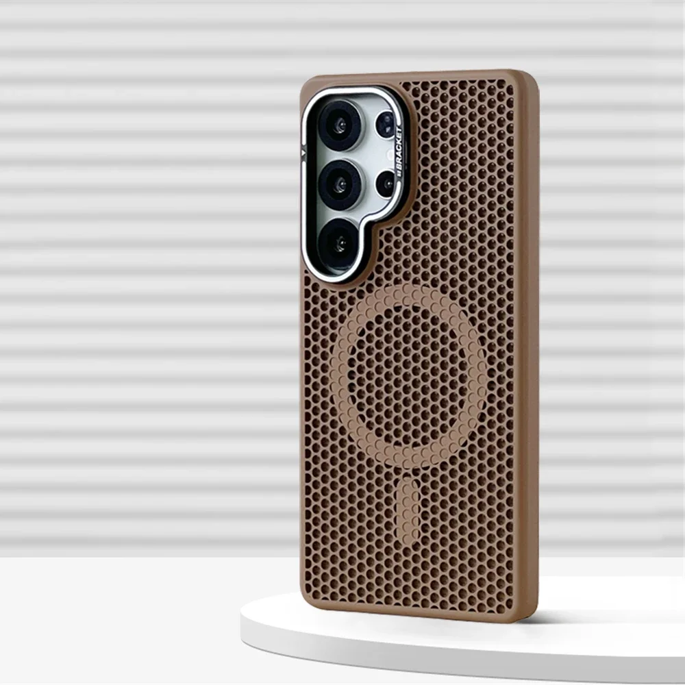(samsung S23 Plus Marrom) Capa Protetora Magnética Com Dissipação De Calor Em Malha E Suporte Para Lente.