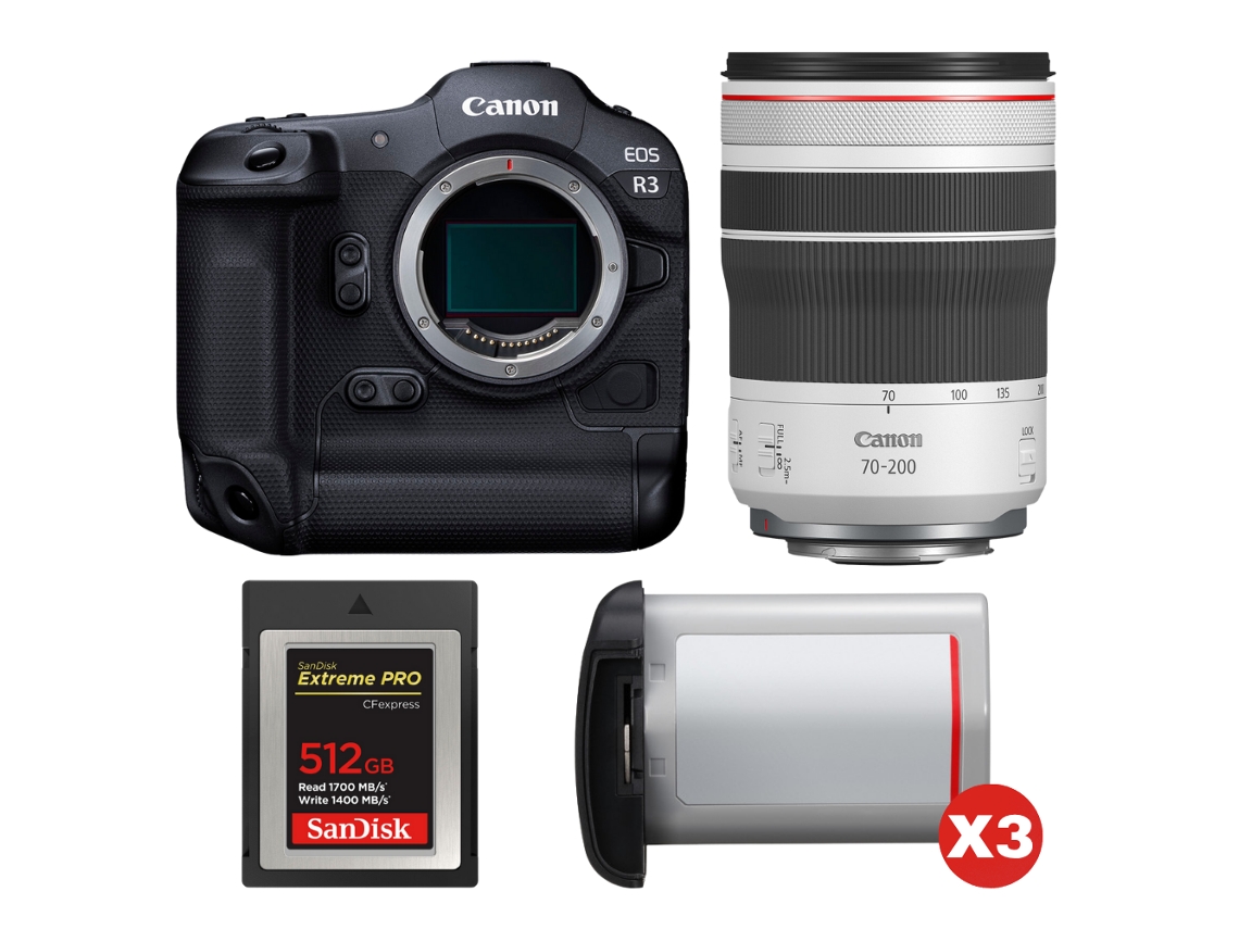 Eos R3 + Rf 70 200mm F/4 L Is Usm + 1 Sandisk 512gb Extreme Pro Cfexpress Type B + 3 Canon Lp e19 + Ebook “20 Dicas para Fotos Que Impressionam” CANON