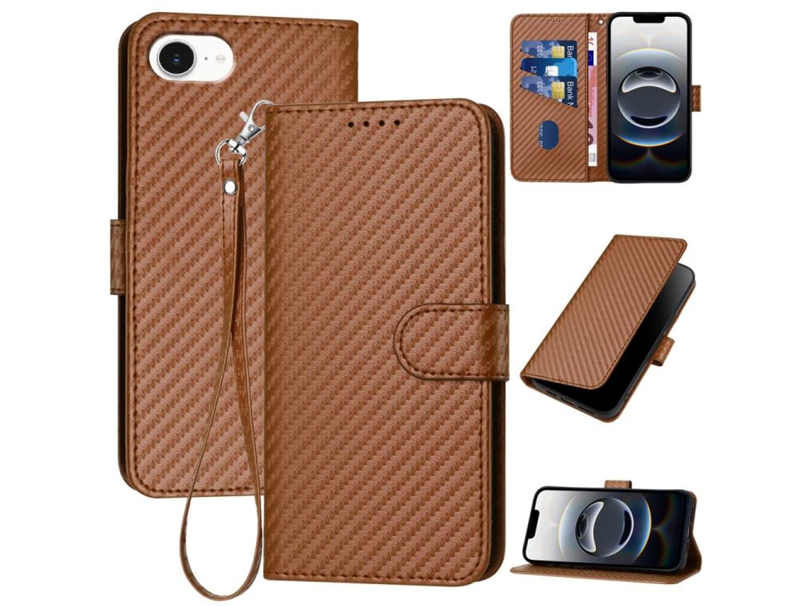 Capa De Couro Para Iphone 16e - Fivela Em Fibra De Carbono - Com Cordão
