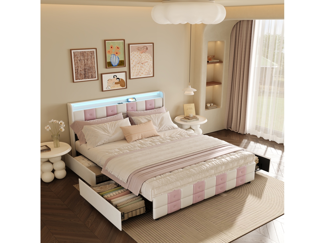 Cama Estofada 140x190cm Veludo Branco Rosa, 4 Gavetas Grandes, Iluminação Led E Porta Usb Ideal Para Quartos De Crianças E Adolescentes