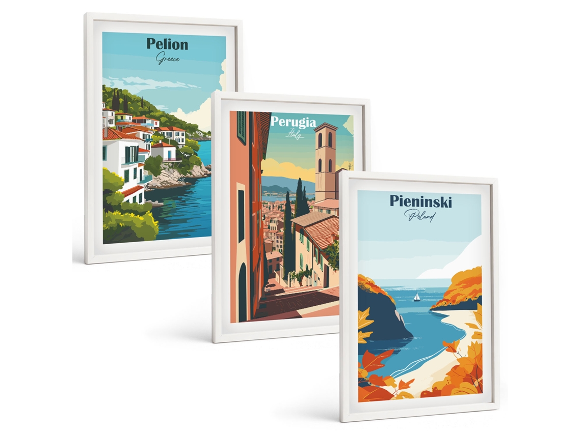 Conjunto De Pinturas Paisagens Pitorescas Retrô Moldura Branca Pinturas De Quarto Espelharte (3 Piezas De 40x60 Cm)