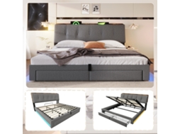 Cama Estofada 180x200 Cm, Armazenamento Hidráulico, Led, Usb c, App Control, Cinzenta VSOGA