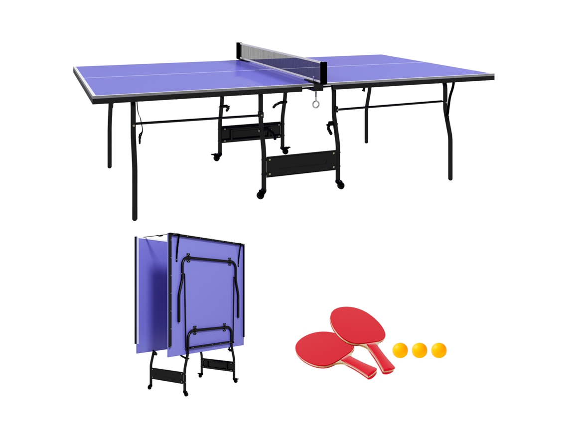 Mesa Pingue-pongue Padrão Rodas 4 Rede 2 Raquetes 3 Bolas 274x152,5 Azul