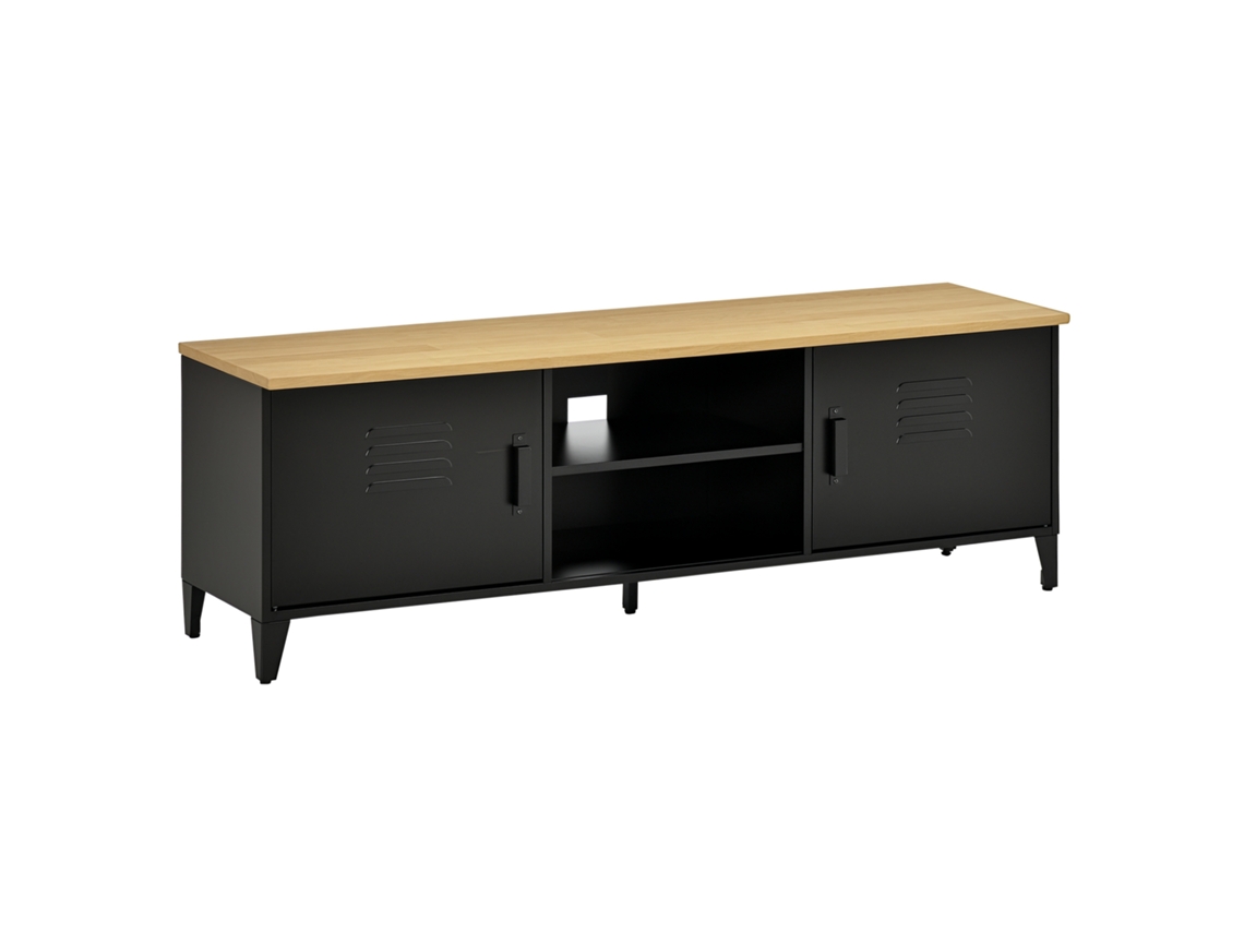 Móvel Tv Banc Tv Pour Téléviseurs De 55'' Avec 2 Placards Pieds Réglables Cadre Metalique Preto Plateau En Madeira...