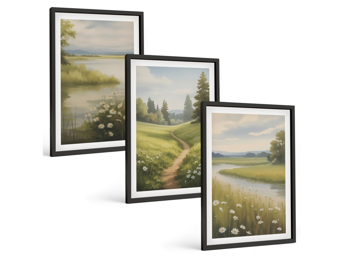 Conjunto De Quadros Com Moldura Paisagem De Primavera, Rio E Prado Moldura Preta Quadros Para O Escritório Espelharte (3 Piezas De 40x60 Cm)