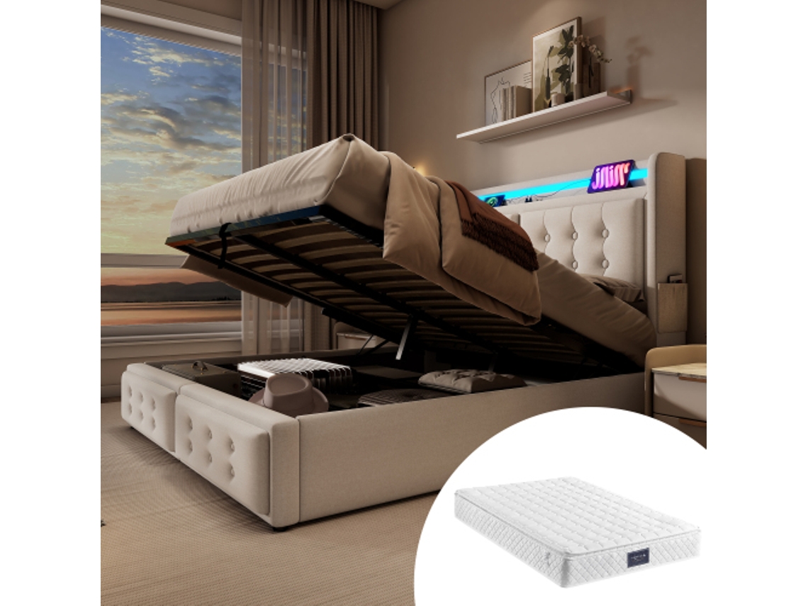 Cama Box 160x200 Cm Com Cabeceira Em Led E Usb, Estrutura Em Metal E Madeira, Suporta Até 300 Kg, Bege, Algodão (inclui Colchão)