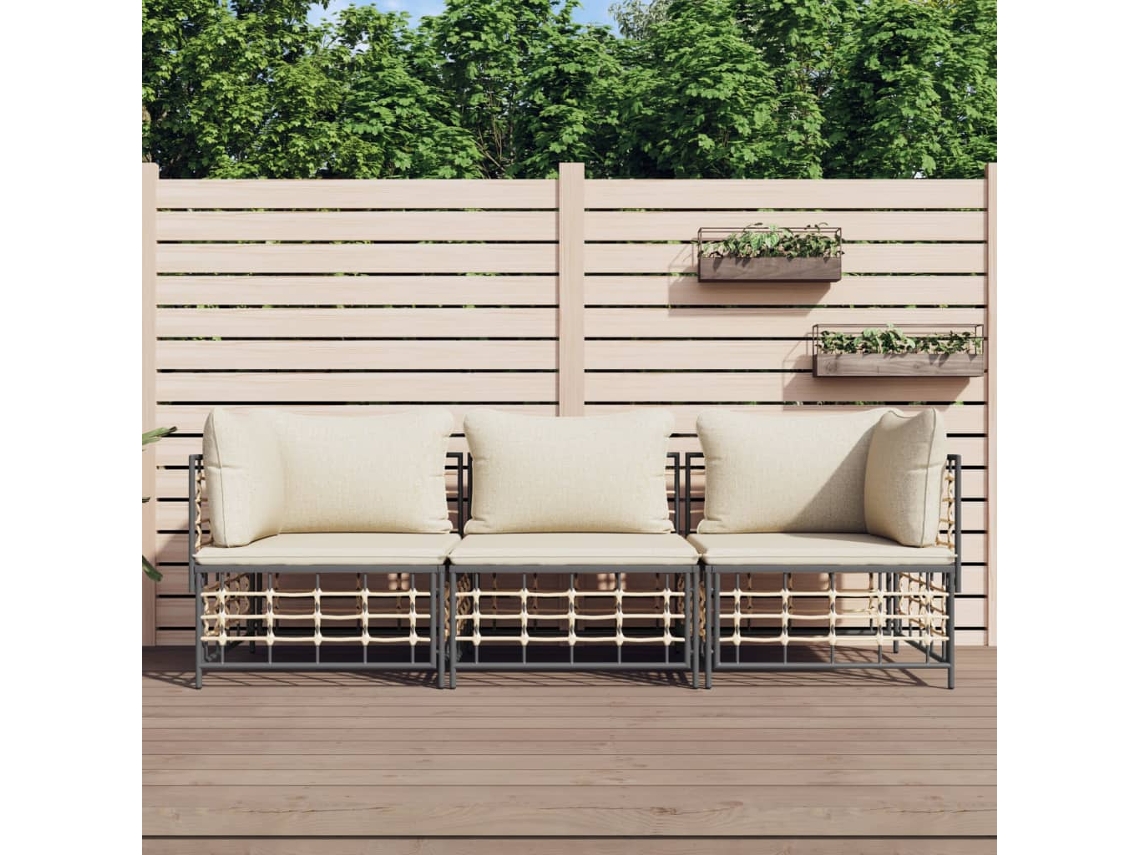 3 Pcs Conjunto Lounge De Jardim C/ Almofadões Vime Pe Antracite Dkd Home Decor