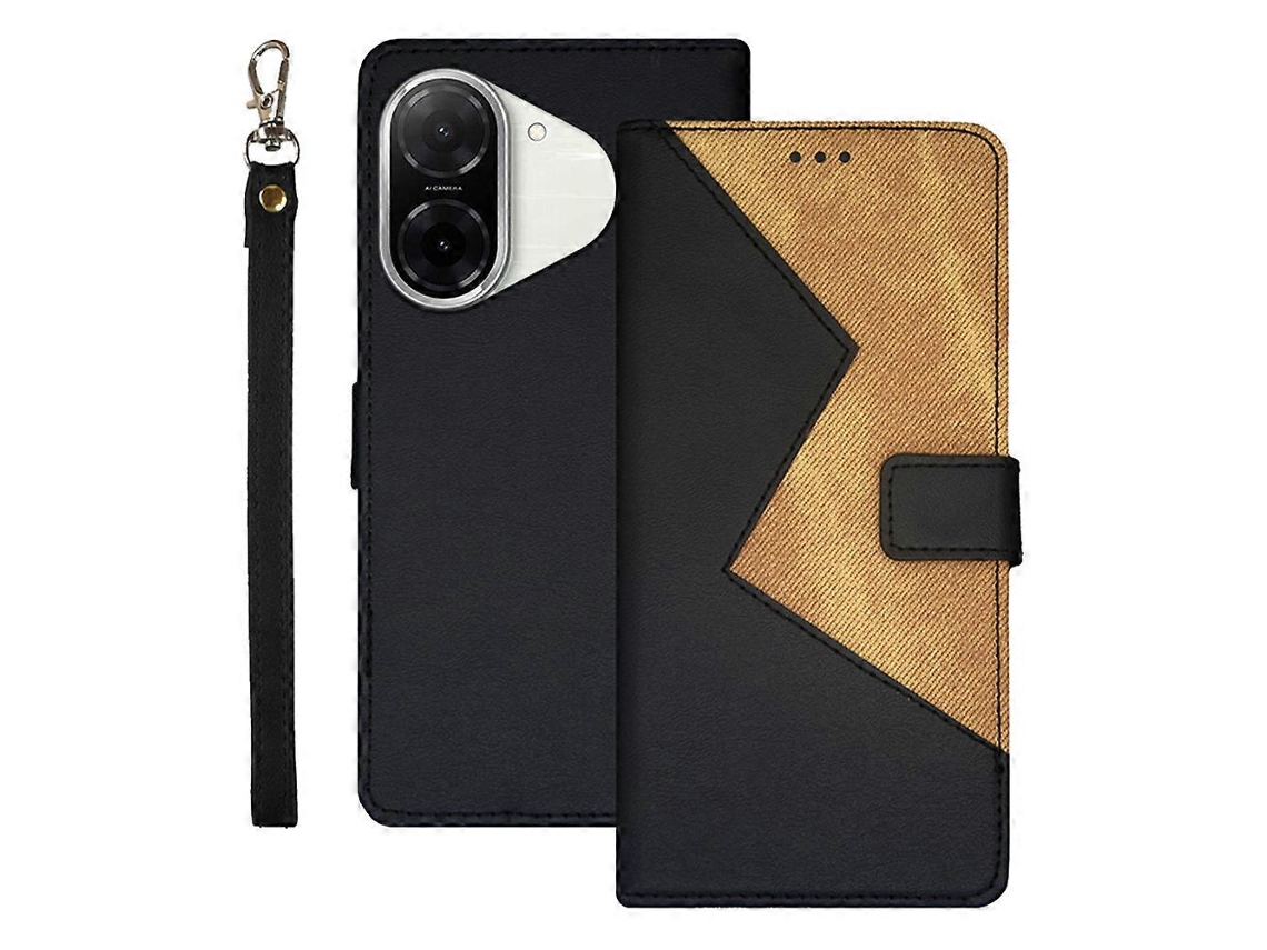 Capa De Couro Idewei Para Xiaomi Redmi A5 4g (171,7 Mm) Poco C71 4g Com Compartimentos Para Cartões E Alça De Pulso Preta