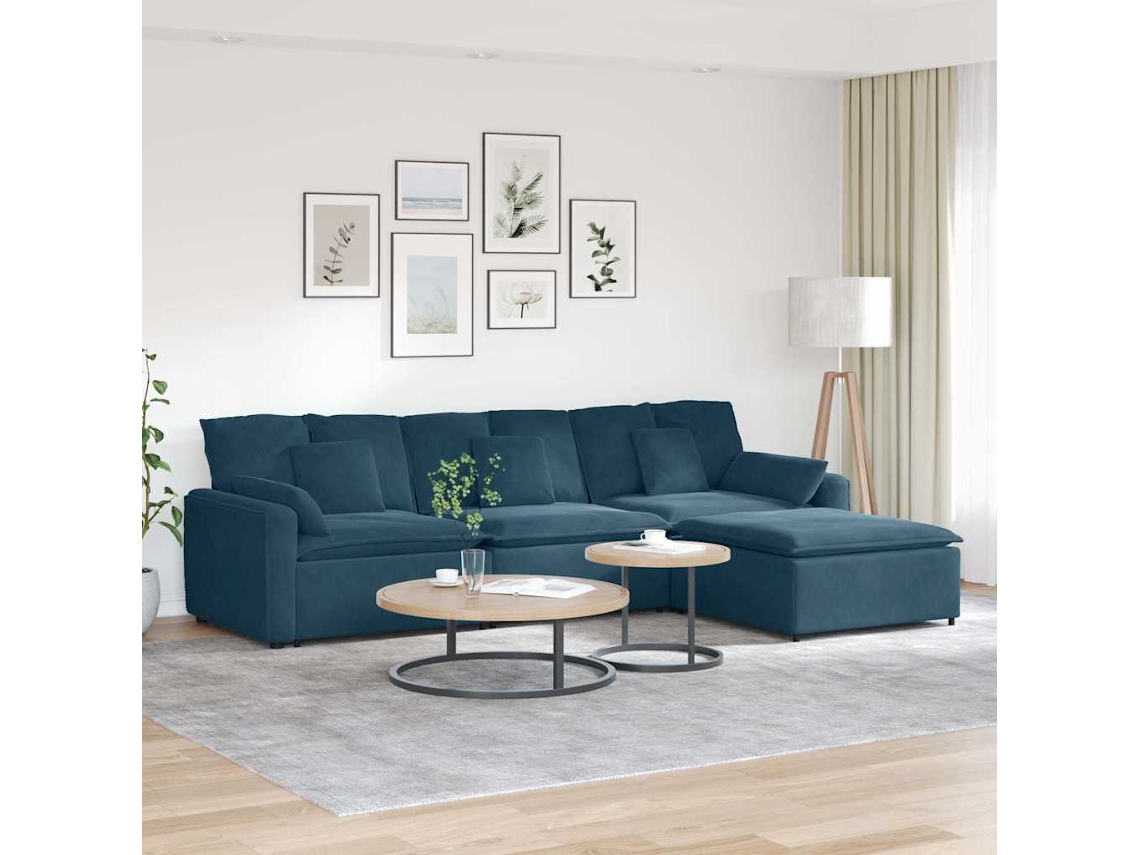 Vidaxl Sofá Modular Com Pufes E Almofadas Azul