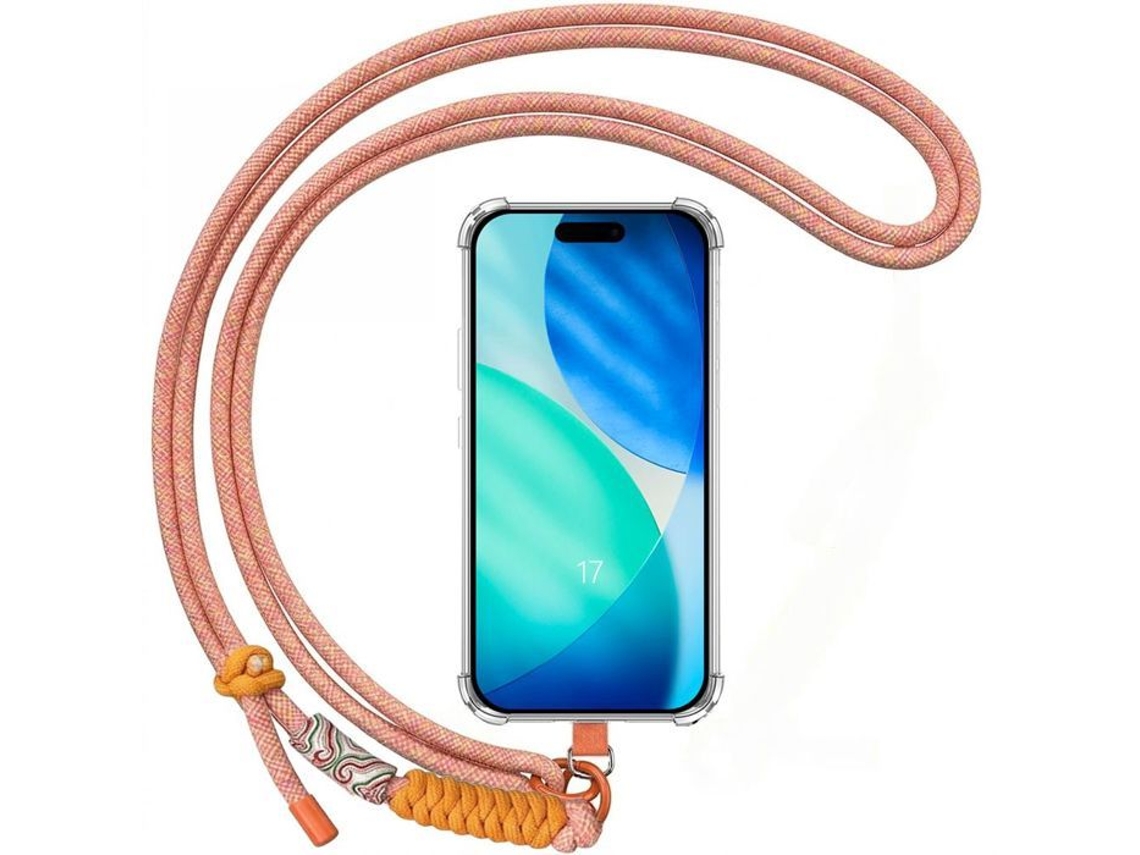 Capa Para Iphone 17, Transparente, Resistente A Impactos E Rasgos, Com Cordão Laranja.