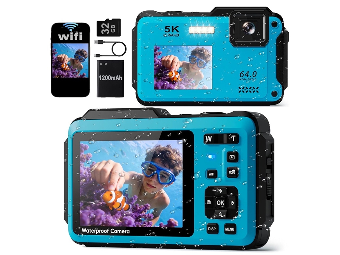 Câmera À Prova D'água 5k De 64mp Com Tela Dupla, Foco Automático E Capacidade De Submersão De 4,8 Metros (azul)