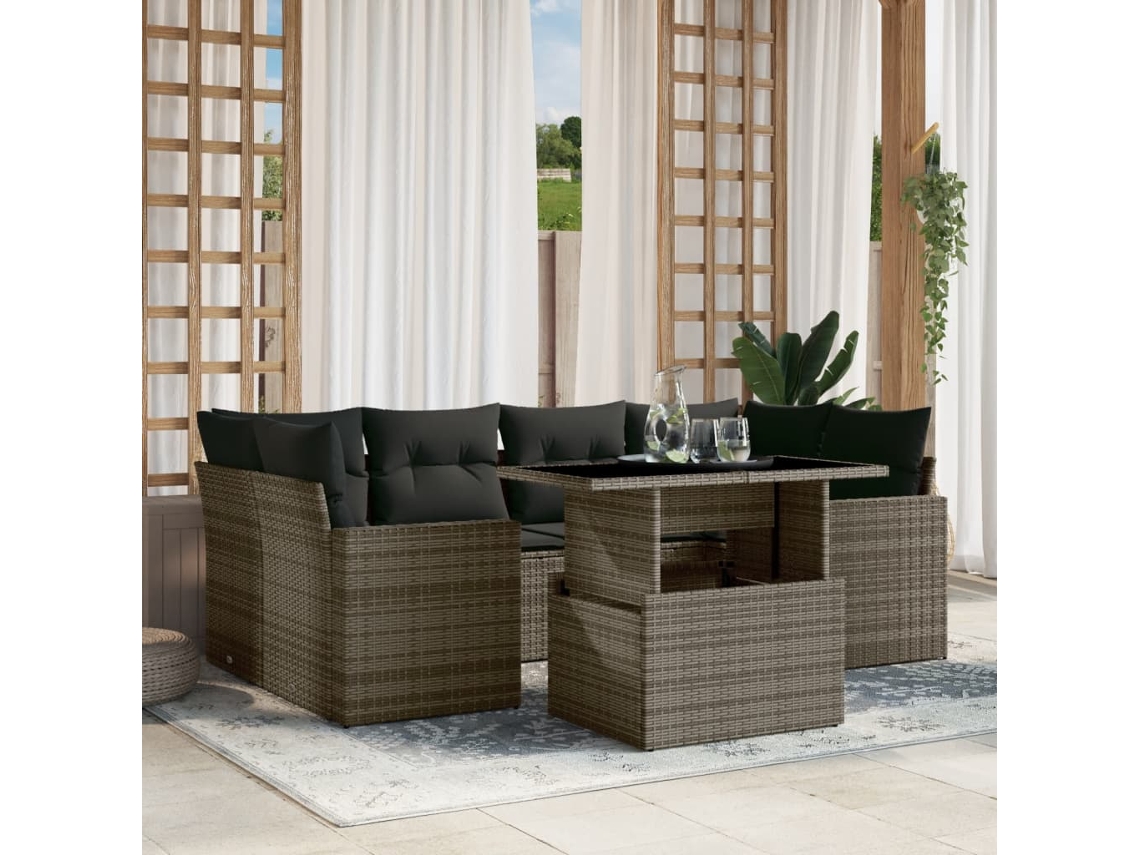 Vidaxl 7 Pcs Conjunto Sofás P/ Jardim C/ Almofadões Vime Pe Cinzento