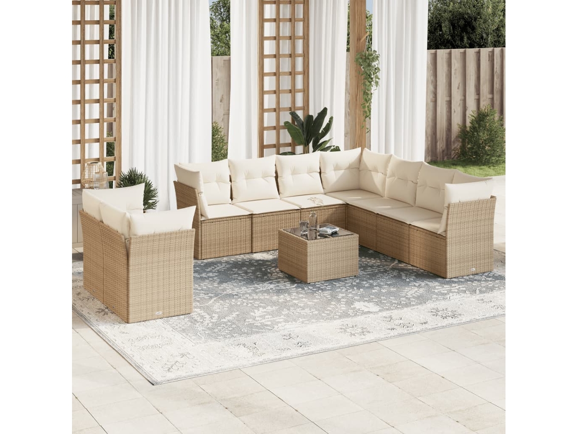 10 Pcs Conjunto De Sofás P/ Jardim Com Almofadões Vime Pe Bege Dkd Home Decor