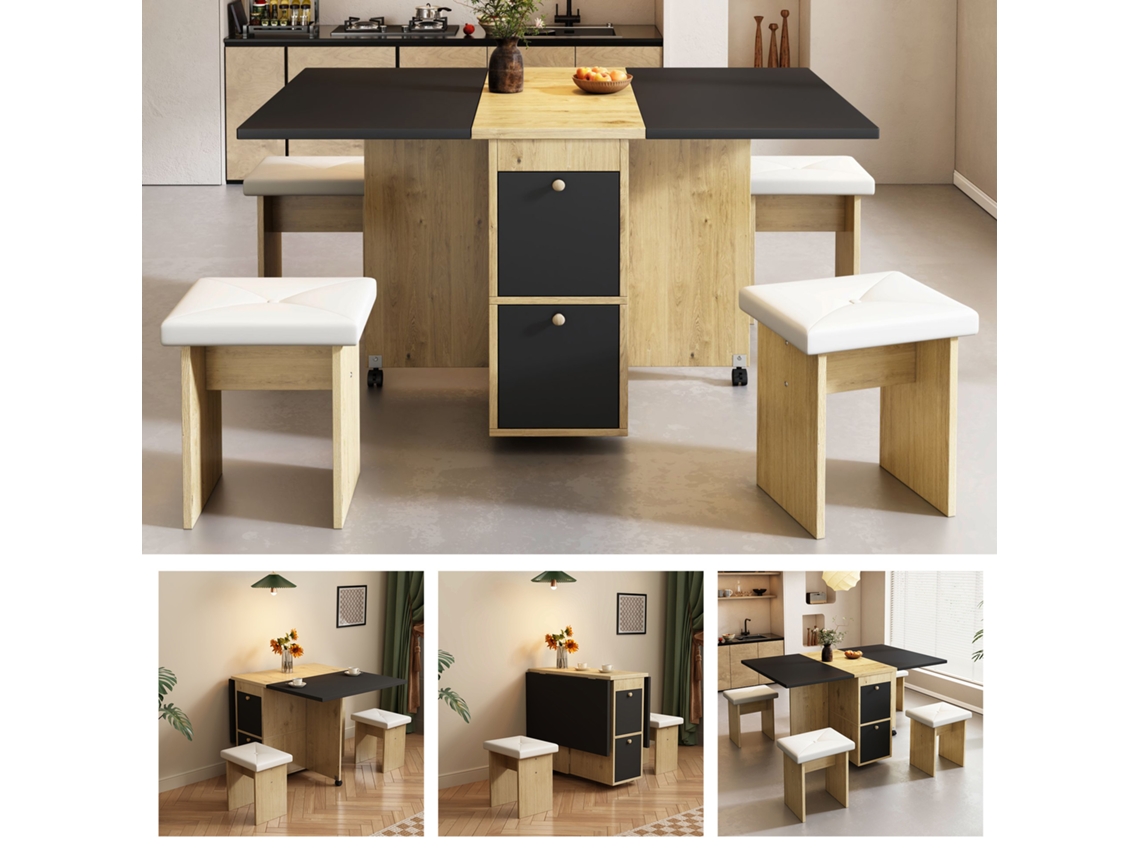 Mesa Dobrável 120cm 4 Cadeiras Branco/carvalho/preto