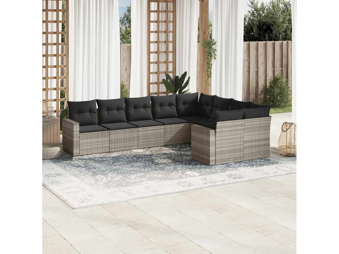 Vidaxl 9 Pcs Conj. Sofás Jardim Com Almofadões Vime Pe Cinzento-claro