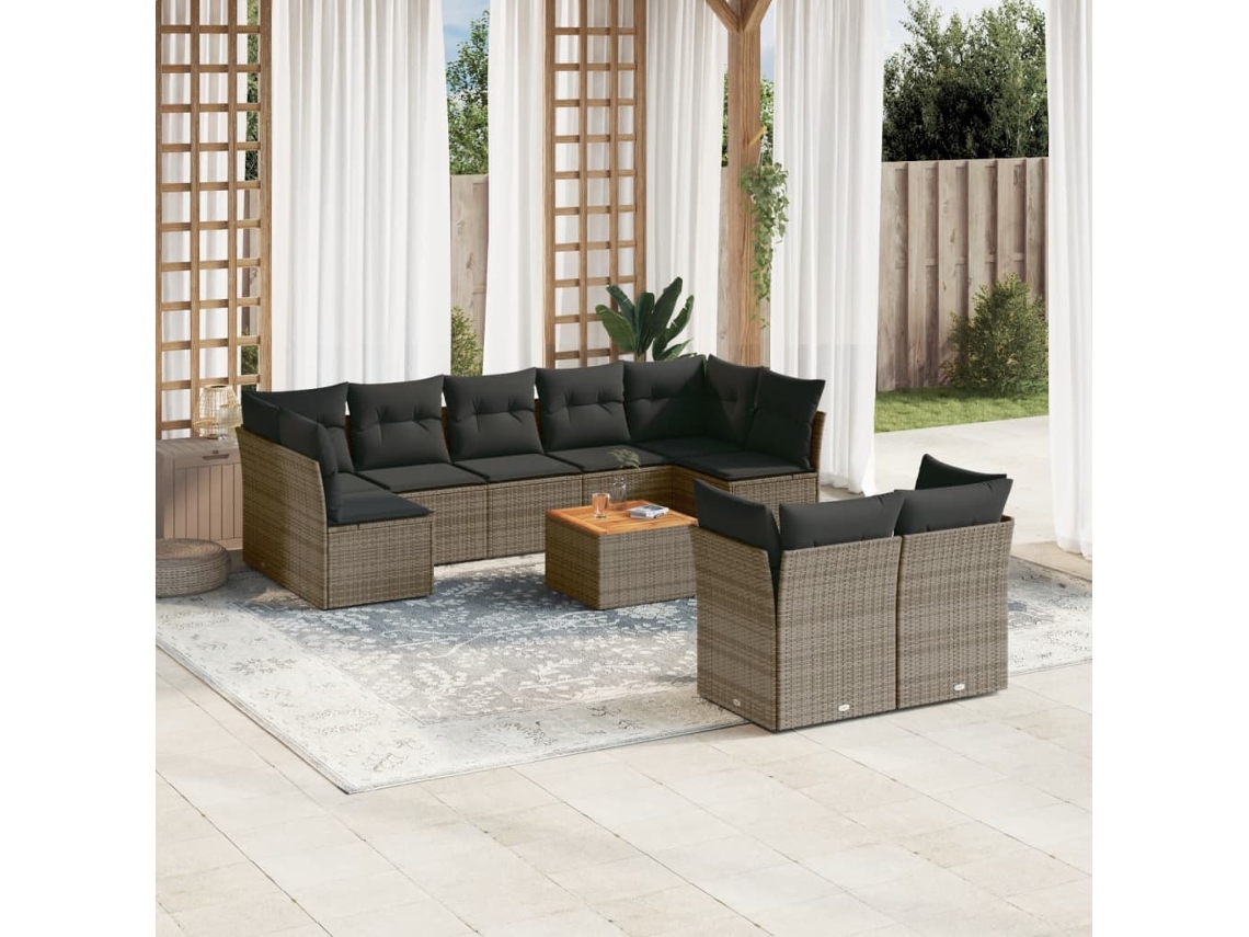 Vidaxl 10 Pcs Conjunto Sofás De Jardim C/ Almofadões Vime Pe Cinzento