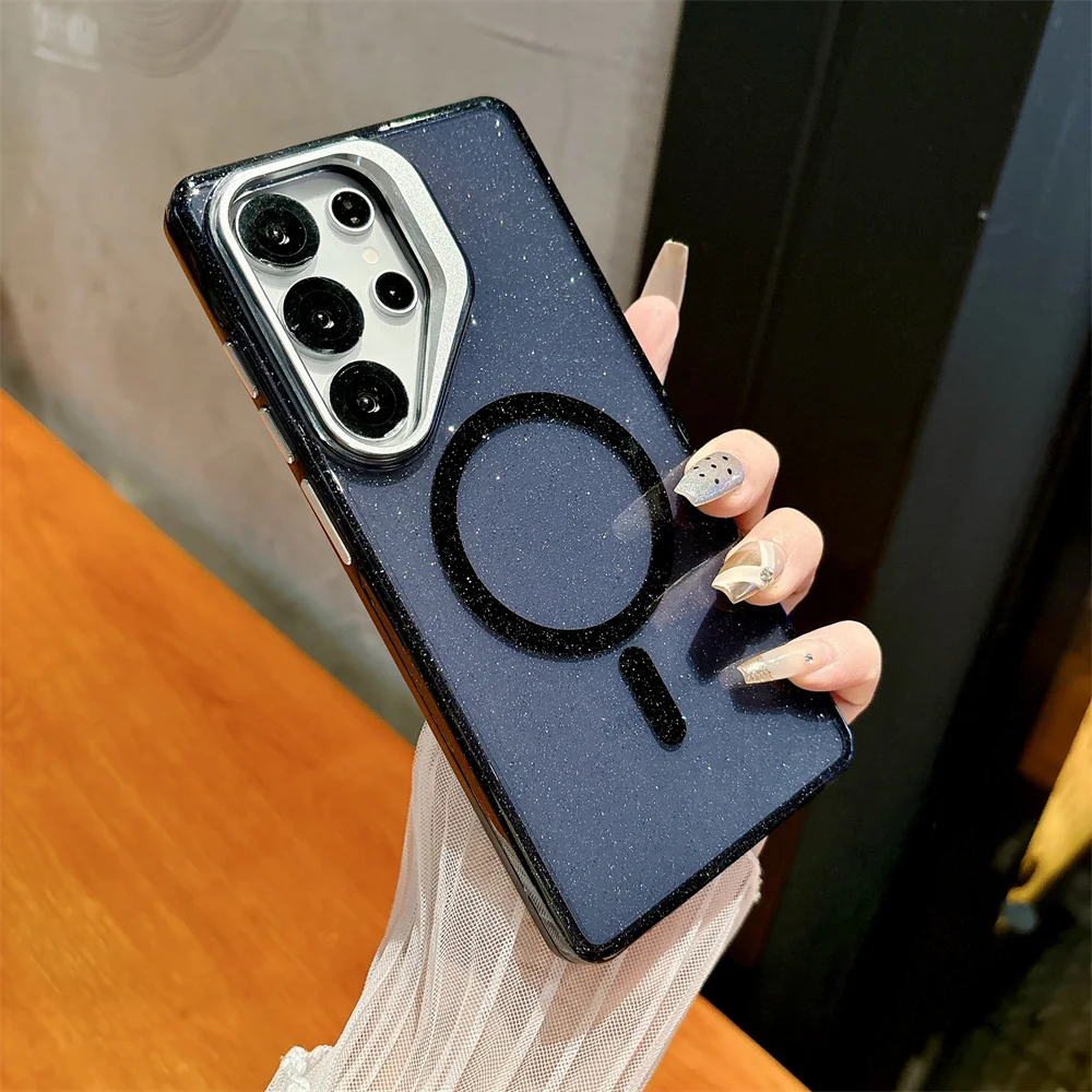 Capa Magnética Magsafe Para Celular (galaxy S24 Plus Preta) Com Suporte De Lente Em Metal E Lantejoulas Transparentes.