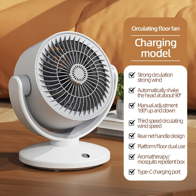 Ventilador de mesa portátil, recarregável via USB, para uso doméstico.