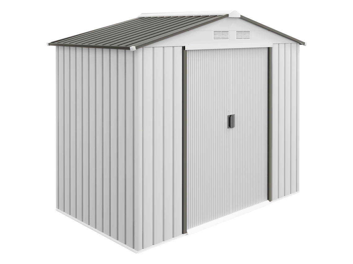 Abrigo de Jardim 213x130x185 cm, com 2 Portas Deslizantes e 4 Janelas, Branco e Cinza Envio Rápido