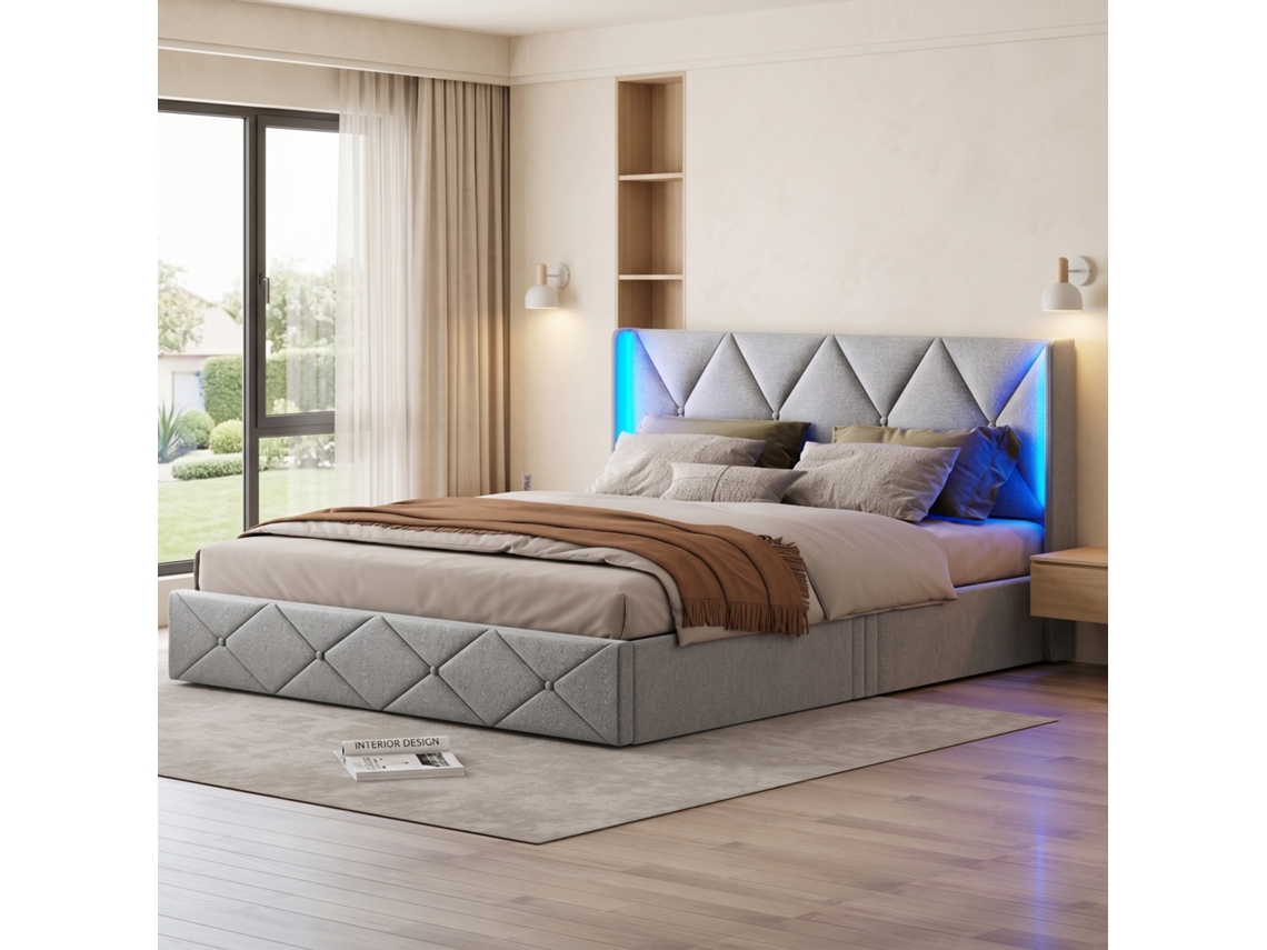 Cama Hidráulica Com Iluminação Led Lateral 140x200 Cm E Sistema Elevável, Cabeceira Acolchoada Com Losangos, Cama Estofada Em Linho, Cinza