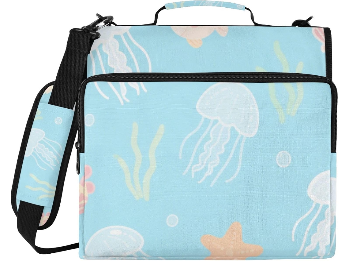 Organizador Escolar Fofo de 3,8 cm com Design de Água Viva Branca, Data com Zíper e 3 Argolas, Ombro E Mão Alça
