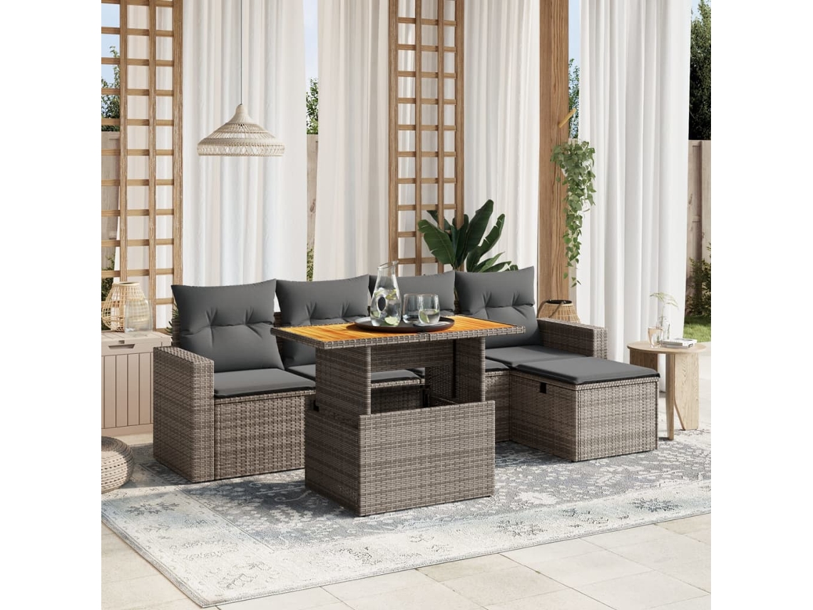Vidaxl 6 Pcs Conjunto Sofás De Jardim Com Almofadões Vime Cinzento