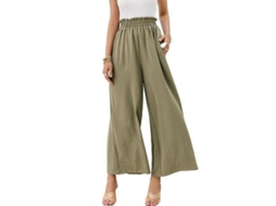 Calça feminina Rebe de cintura alta, estilo boho, com pernas largas, em tecido fluido e respirável, tamanho P, verde claro.