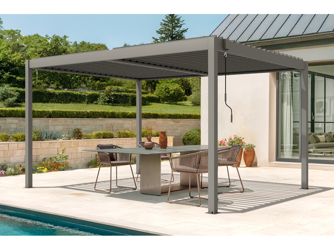 Pérgola bioclimática em alumínio 4x3m - lâminas orientáveis - Taupe, Independente no jardim ou terraço PIANA