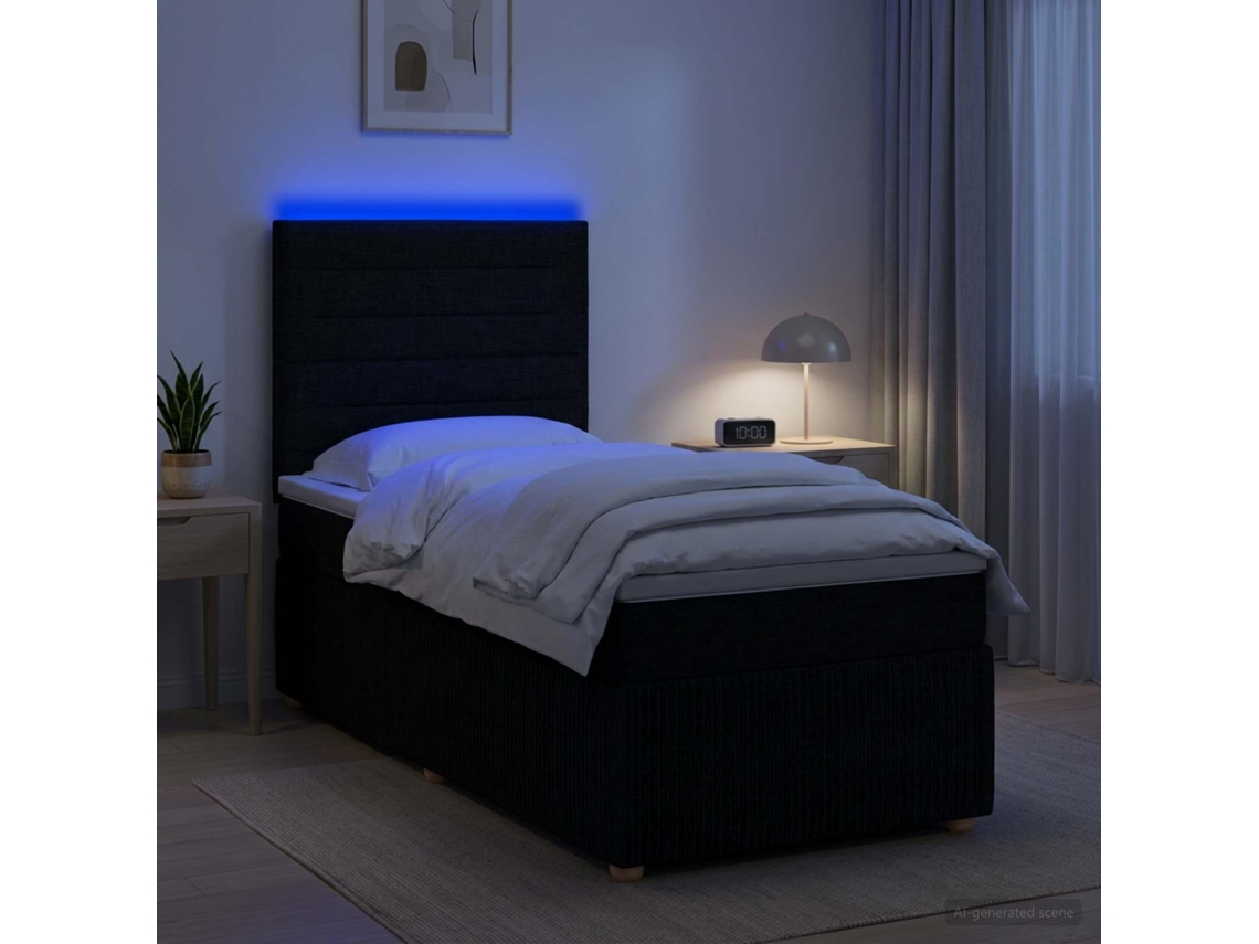 Vidaxl Cama Box Com Led E Colchão Preto 80 X 200 Cm Tecido