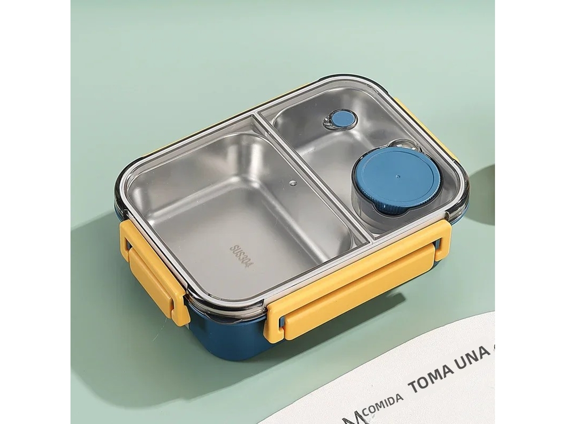 Lancheira em Aço Inoxidável 304, Design À Prova de Vazamentos, Acompanha Talheres, Portátil. MDUG (azul com Dois Compartimentos)