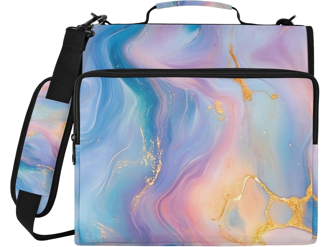 Pasta Organizadora Com Estampa De Mármore, Fecho Com Zíper, Suporte Arquivos Com 3-argolas E Compartimento Laptop