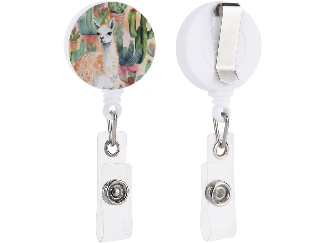 Porta Crachá Com Chaveiro Retrátil, Estampa De Alpaca Branca Em Aquarela E Um Divertido Porta Crachá Formato Cacto